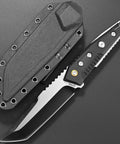 Durable Fixed Blade Knife With DC53 Steel Tanto Full Tang Nylon Fiberglass Handle Beefy EDC For Outdoor Camping Adventure Survival Gear displayed next to sheath