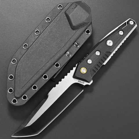 Durable Fixed Blade Knife With DC53 Steel Tanto Full Tang Nylon Fiberglass Handle Beefy EDC For Outdoor Camping Adventure Survival Gear displayed next to sheath
