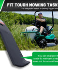 Man mowing lawn with green and white mower, close-up of blade; Premium 42 Inch Timecutter Mower Blades 2 Pack For 42 Inch Deck Replacement 110-6568-03 110-1857-03 106-2247-03 Compatible With SS4235 Z4235 Z4200 SS4260 SS4200