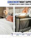 Sturdy Bed Safety Rails With LED Light, Storage Pouch And Adjustable Bed Cane attached to a bed, showing LED light and pouch