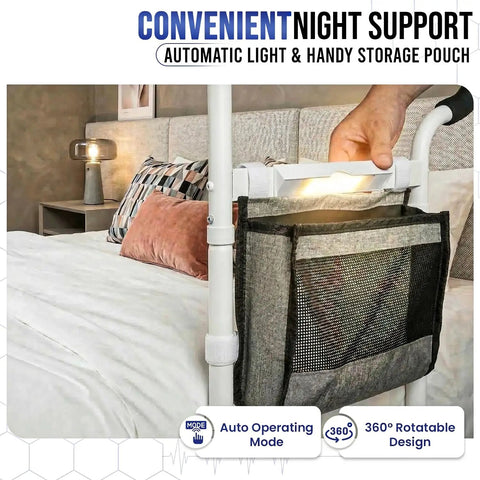 Sturdy Bed Safety Rails With LED Light, Storage Pouch And Adjustable Bed Cane attached to a bed, showing LED light and pouch