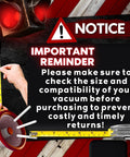 Notice sign reminding to check vacuum size compatibility with tape measure for 2.5 Inch Vacuum Extension Wands 19 Inch Long 2 Pack.