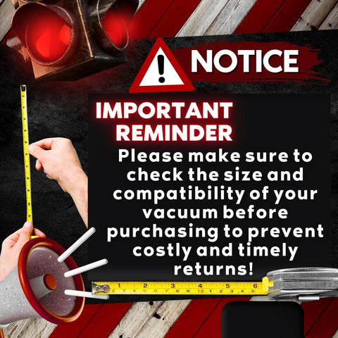Notice sign reminding to check vacuum size compatibility with tape measure for 2.5 Inch Vacuum Extension Wands 19 Inch Long 2 Pack.