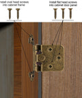 Antique Brass Cabinet Hinges Spice Up Your Kitchen Without Fuss, close-up showing installation screws and hinge on cabinet frame.