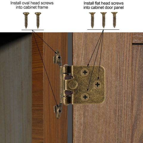 Antique Brass Cabinet Hinges Spice Up Your Kitchen Without Fuss, close-up showing installation screws and hinge on cabinet frame.