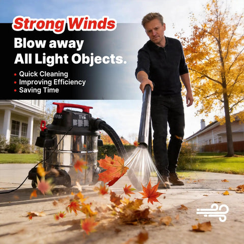 User demonstrating Heavy Duty Eight Gallon Wet And Dry Shop Vacuum With Badass Four Point Five Peak Horsepower Motor clearing leaves.