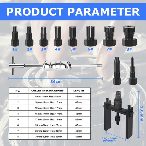 Diagram showing components of 12 Piece Motorcycle Blind Hole Collet Bearing Puller Tool Kit with specifications table.