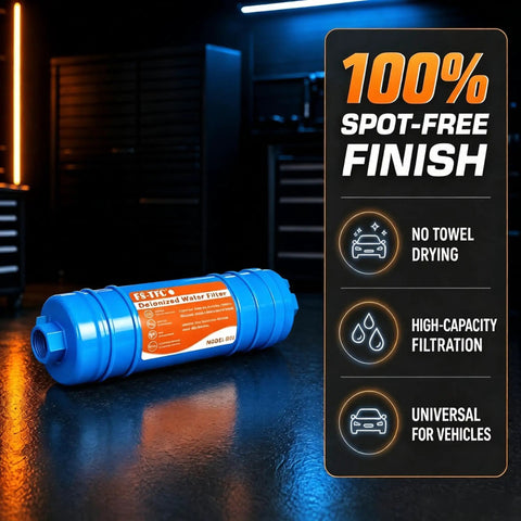 Inline deionized water filter for eliminating hard water spots and keeping your ride showroom fresh.