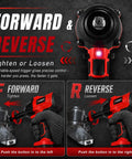 Cordless Impact Wrench Half Inch For Cars And RVs, 600 Nm Maximum Torque showing forward and reverse functions