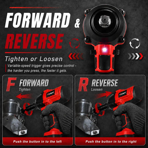AOBEN Cordless Impact Wrench 1/2 Inch Kit With 600 Nm Max Torque And 800Nm Reverse Power showing forward and reverse functions.