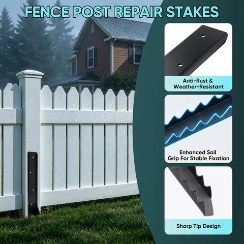 Heavy Duty Fence Post Repair Kit With Rock Solid H Shaped Ground Spikes And Rust Proof Steel Anchors for backyard stabilization.