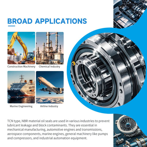 Radial shaft seal brochure image: large metal seal with blue arc and industry photos.