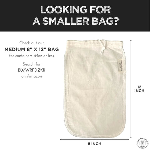 2 Pack Large 12x12 Organic Cotton Cold Brew Coffee Bag Reusable Filter With Easy Open Drawstring For Pitchers Mason Jars And Toddy Systems Designed In California next to a medium 8x12 bag size comparison.