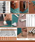 Front collage of TLKKUE leather tooling kit with stainless steel stamping tools, punches and handbag cutting mats