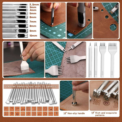 Front collage of TLKKUE leather tooling kit with stainless steel stamping tools, punches and handbag cutting mats