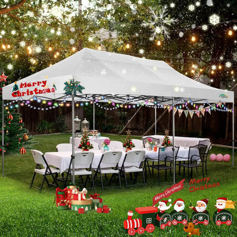 Heavy Duty 10x20 Pop Up Canopy Tent With 6 Sidewalls, Easy Up Commercial Outdoor Gazebo set up for a party with decorations.