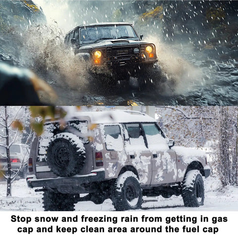 Jeep driving through mud and snow, showcasing durability and protection of Gas Cap Cover For Jeep Wrangler JK 2007 2017 Unlimited Sport Rubicon Sahara Easy To Install Rust Resistant Fuel Filler Door Cover With US Flag Durable ABS Construction And Secure Fit.