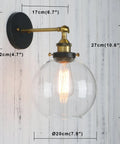 Industrial Vintage Slope Pole Wall Mount Sconce With 7.9 Inch Globe Milk White Glass Shade Antique Style Wall Light Fixture For Living Room Hallway Bedroom Vintage Industrial Charm, side view showcasing size dimensions and clear glass shade