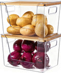 Stackable Pantry Organizers With Bamboo Lids And Clear Bins For Fruits And Vegetables Extra Large Capacity Home Storage with potatoes and red onions.