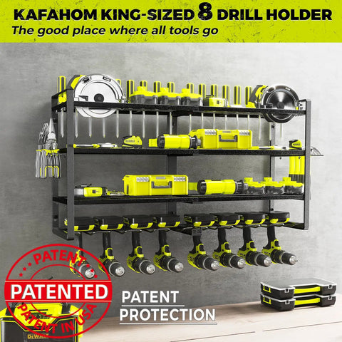 Beefy 4 Tier Power Tool Organizer Wall Mount Rack For 8 Cordless Drills Plus Hammer Screwdriver Pliers Holders Side Accessory Slots