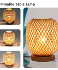 Dimmable Rattan Table Lamp With Bamboo Woven Shade on wooden base, 8 inch, warm glow, displayed in different light settings.