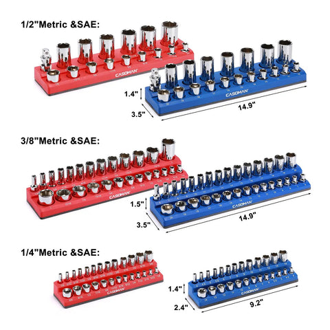 Six Piece Magnetic Socket Organizer Kit For 1/4 Inch, 3/8 Inch, And 1/2 Inch Drives, Red And Blue Socket Holder Holds Up To 143 SAE And Metric Sockets, Rubberized Magnetic Base Protects Surfaces, Pro Grade Durable PP Plastic