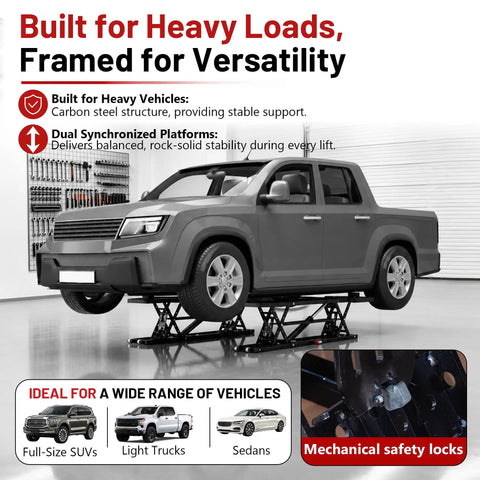 Heavy Duty Portable Hydraulic Car Lift Featuring A Hella Rugged Nine Thousand Pound Capacity lifting a truck, showcasing dual synchronized platforms.