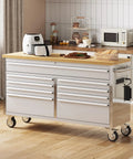 61 Inch Rolling Tool Chest With Locking Wheels And 9 Drawers, Solid Rubber Wood Top, Mobile Workshop Cabinet For Garage And Shop