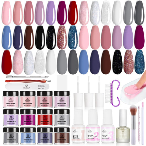 35 Piece Dip Powder Nail Kit Set With 20 Modern Muse Colors Nude Pink Blue Glitter Plus Base Coat Top Coat Activator And Pro Tools