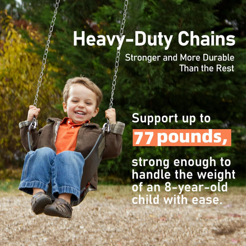 Heavy Duty Steel Hanging Chain 130 Ft Long 2 mm Thick For Outdoor Use supports 77 lb, shown with child on swing outdoors