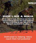 Two people mountain biking on a forest trail with branding and text promoting ninja bike products for skill improvement.