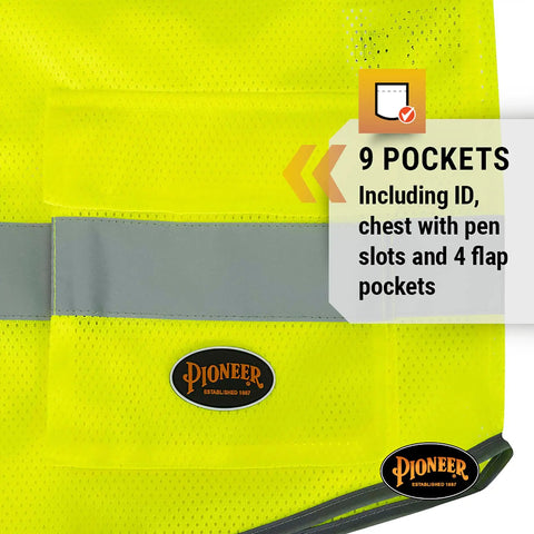 Mens High Visibility Safety Vest With Reflective Neon Mesh Zipper Features Nine Utility Pockets For Construction And Traffic Control Meets Ansi Class 2 Standards Breathable Mesh Hustle Ready Grind Proof Coverage 2X Large showing utility pockets and zipper details.