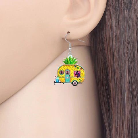 Lightweight Acrylic Truck Van Camper Earrings With Dope Double Sided Print, Pineapple Dangle Jewelry For Women shown on ear