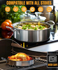 Stainless Steel 6-Piece Nonstick Cookware Set With Lids For Induction, Electric, And Gas Stovetops, Dishwasher Safe; cooking on stove and oven.