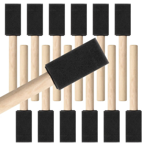 Kick Ass 1 Inch Foam Paint Brushes 12 Pack High Density Polyfoam Applicators For Mod Podge Wood Staining Wall Decor Awesome Household Cleanup Tasks Zero Hassle, black foam heads with wooden handles.