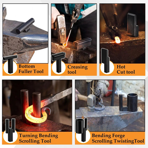 Five Piece One Inch Hardy Hole Blacksmith Tools Set Pro Grade Forging Kit shown in use on forge anvil with hot metal.