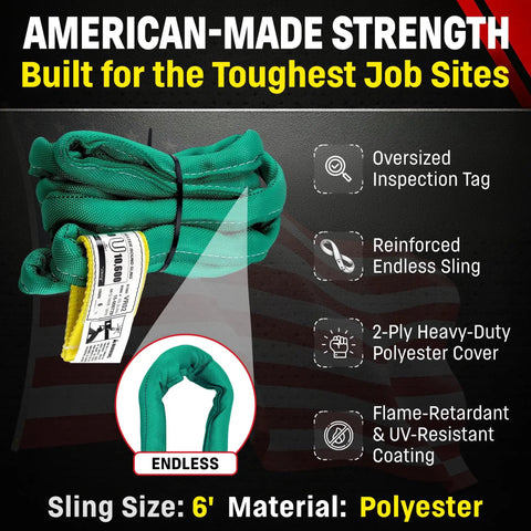 Kickass Heavy Duty Endless Round Polyester Rigging Sling Six Foot Green Double Ply Cover Built Tough For Industrial Lifting Rigging And Heavy Material Handling Rated To Five Thousand Three Lbs Vertical, showcasing sling with inspection tag.
