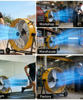 24 Inch Industrial Drum Fan With 8800 CFM High Velocity Air For Garage, Warehouse, And Workshop, Heavy Duty Metal, displayed in various settings