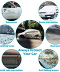 Image showing 4 Pack Clear Disposable Car Covers demonstrating protection against snow, dust, bird droppings, and leaves for all weather.