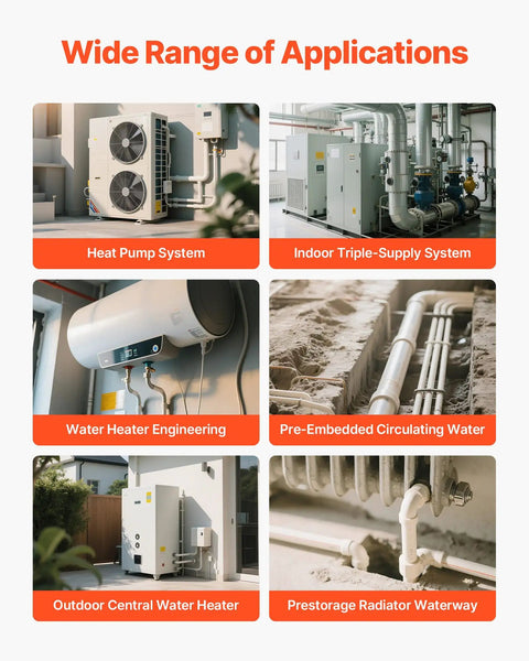 Various heating and plumbing systems including heat pump, water heater, and piping applications.
