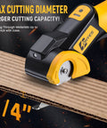 Cordless Electric Scissors Plug In Ready For DeWalt 20v Max Battery With 440rpm Motor and Low Voltage Auto Shutoff cutting through 1/4" cardboard.