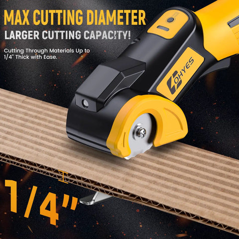 Cordless Electric Scissors Plug In Ready For DeWalt 20v Max Battery With 440rpm Motor and Low Voltage Auto Shutoff cutting through 1/4" cardboard.