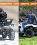 Beefy ATV Broadcast Spreader With Rain Cover, 100 Pound Capacity Poly Hopper spreading material from rear rack mount on ATV