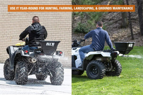 Beefy ATV Broadcast Spreader With Rain Cover, 100 Pound Capacity Poly Hopper spreading material from rear rack mount on ATV