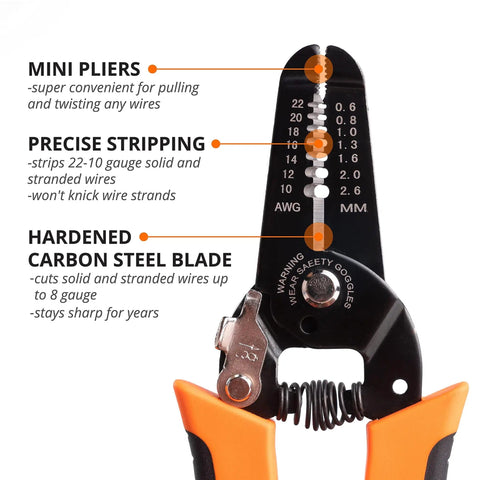 Pro Grade All In One Wire Stripper And Cutter For Solid And Stranded Wires 22 To 10 AWG with precision calibrated markings.