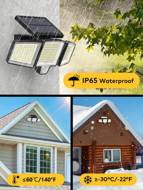Solar Motion Sensor Outdoor Flood Lights With Remote Control under rain, IP65 waterproof, various climate conditions illustrated