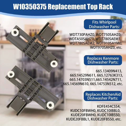 Two Pack Top Rack Replacement For Dishwashers With 1.25 Inch Wheels W10350375 Upgrade Upper Rack Fits Whirlpool Kenmore KitchenAid Models