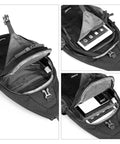 RFID Blocking Sling Bag Crossbody Backpack For Hiking And Travel, Lightweight Daypack open showing compartments with tablet and book