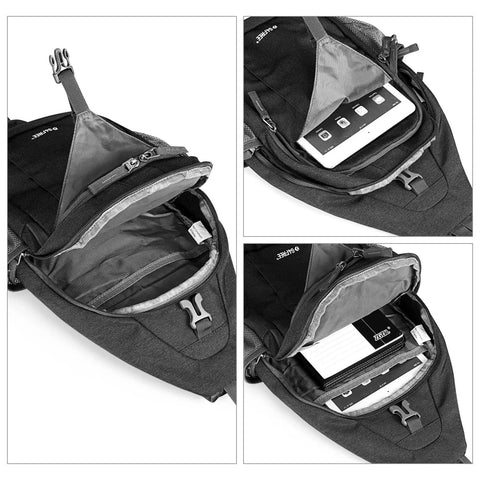 RFID Blocking Sling Bag Crossbody Backpack For Hiking And Travel, Lightweight Daypack open showing compartments with tablet and book
