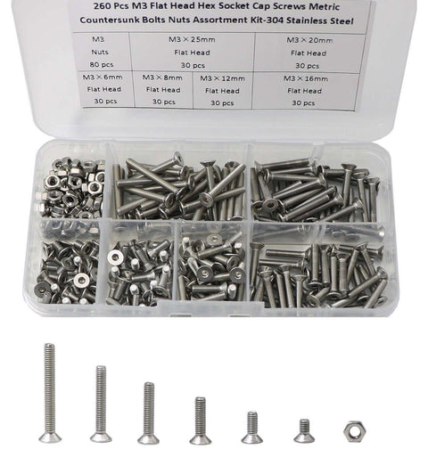 260 Piece M3 Hex Socket Flat Head Countersunk Bolts And Nuts Kit made from 304 stainless steel on display in an organized case.